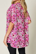 Double Take Full Size Printed V-Neck Short Sleeve Blouse - 6i6