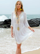 Tassel V-Neck Three-Quarter Sleeve Cover Up - 6i6