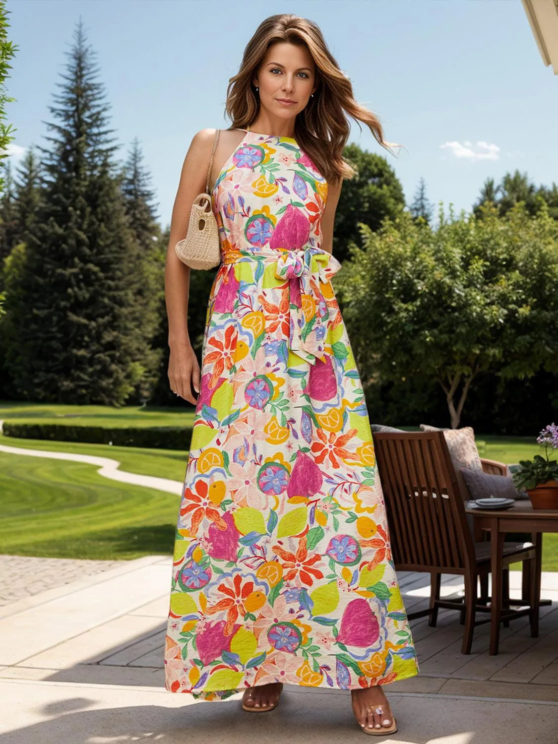 Printed Grecian Neck Maxi Dress - 6i6