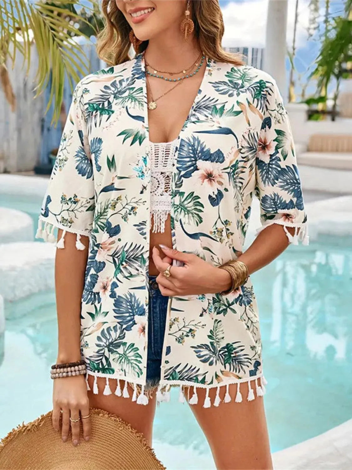 Tassel Printed Open Front Half Sleeve Cover-Up - 6i6