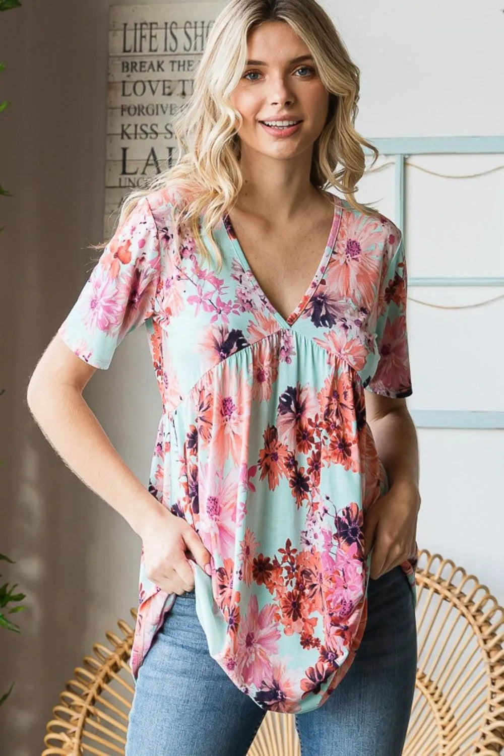 Heimish Full Size Floral V-Neck Short Sleeve Babydoll Blouse - 6i6