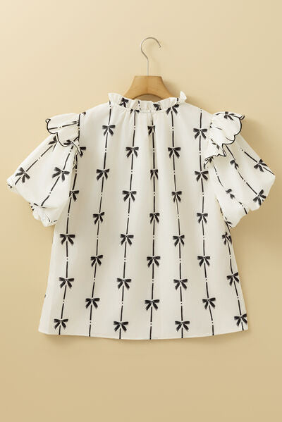 Bow Print Tie Neck Short Sleeve Blouse for women from 6i6.com, a stylish and versatile top for casual or office wear.