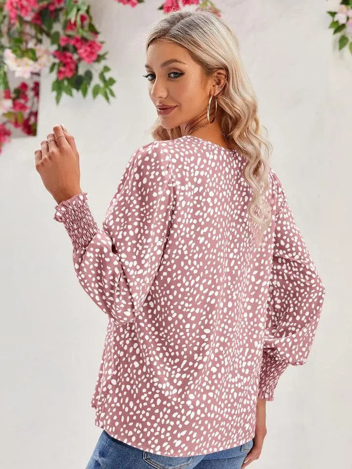 Printed V-Neck Lantern Sleeve Blouse - 6i6