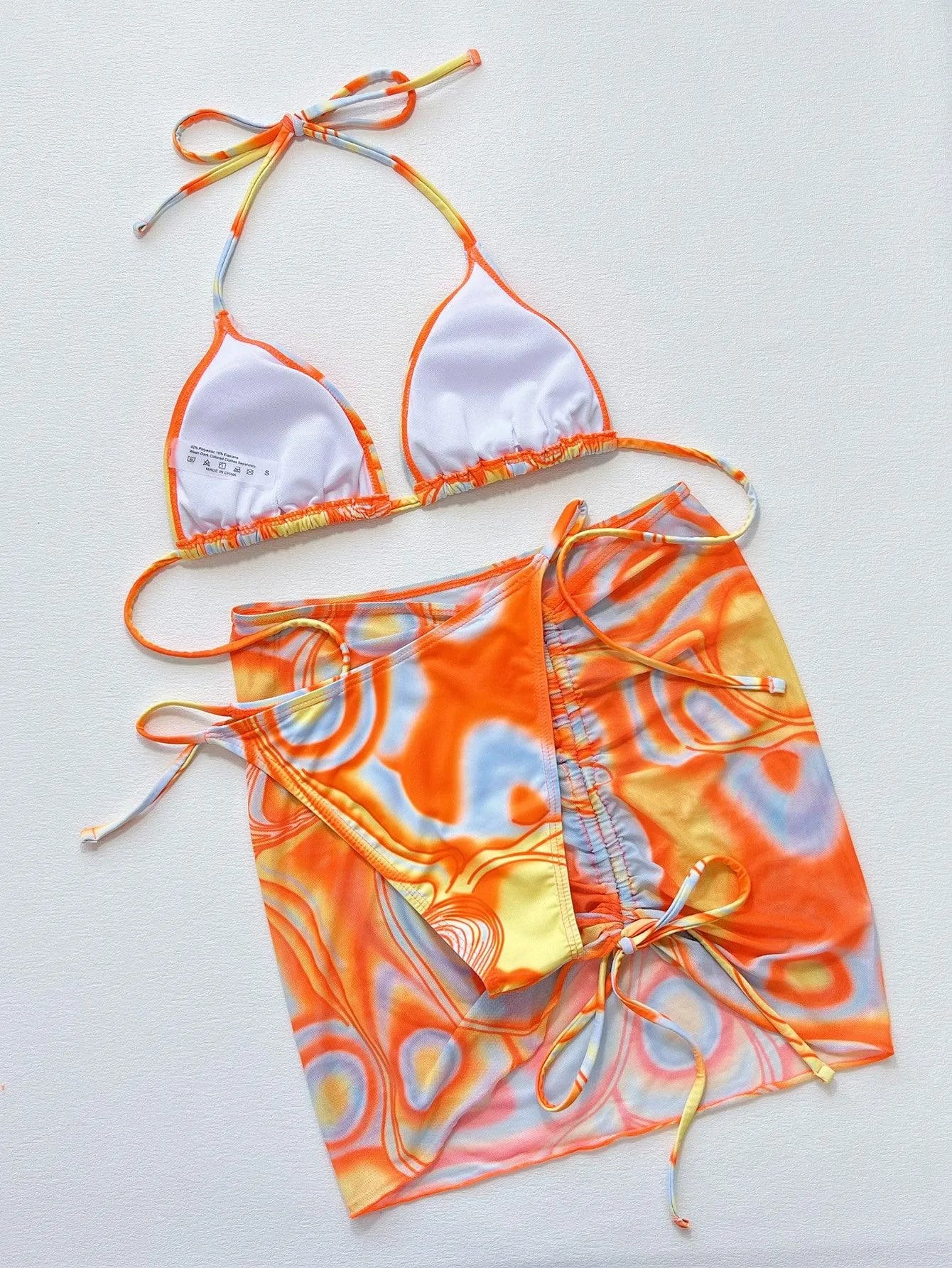 Multicolored Drawstring Ruched Three-Piece Swim Set - 6i6