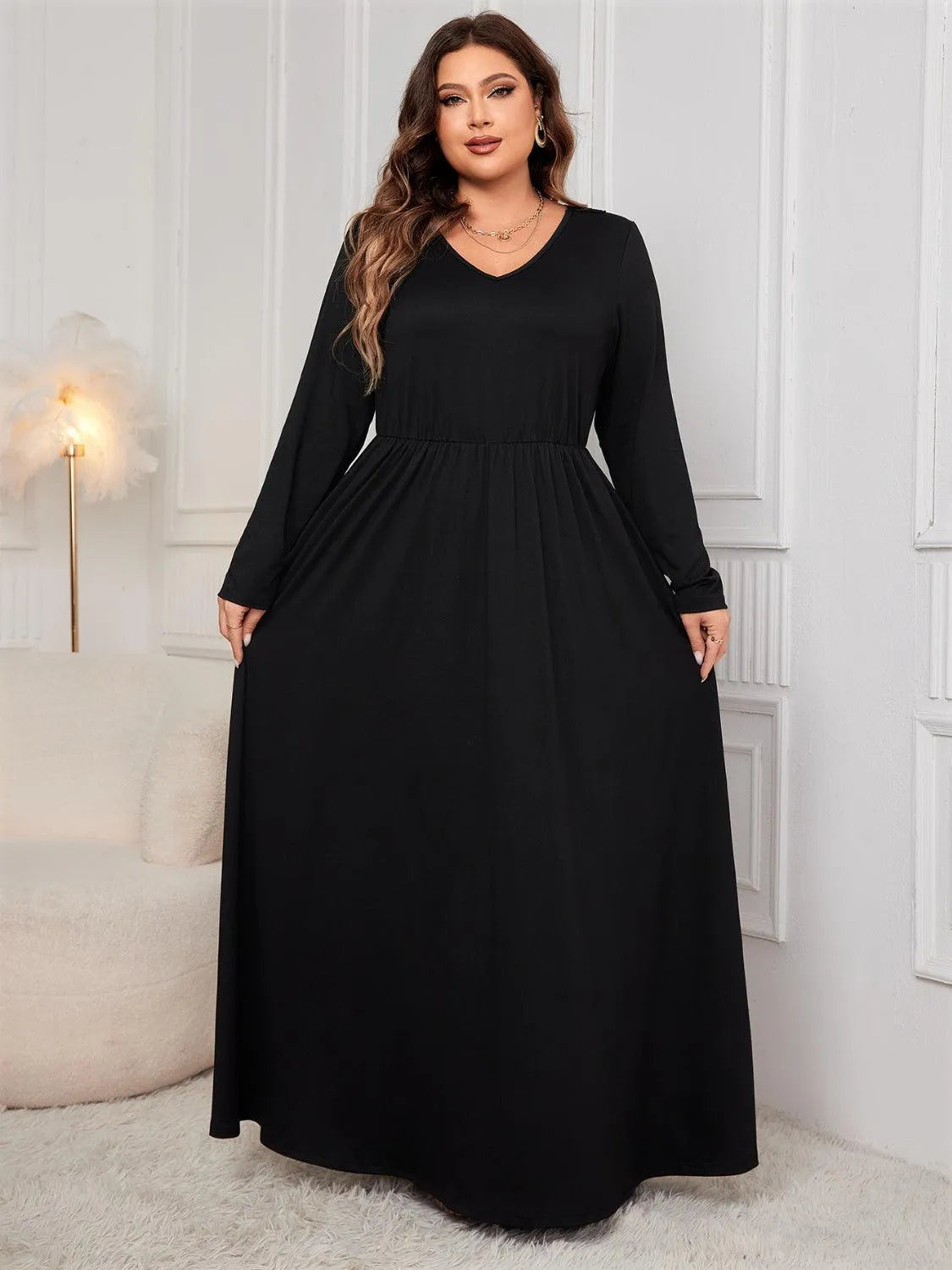 Plus Size Cutout V-Neck Long Sleeve Maxi Dress - 6i6