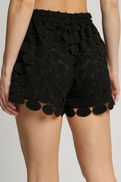 Umgee Full-Size Polka Dot Lace Shorts in plus size for women from 6i6.com, perfect for stylish summer outfits or casual wear.