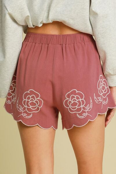 Umgee Full-Size Linen Blend Shorts with floral embroidered details in plus size from 6i6.com, perfect for casual summer wear.