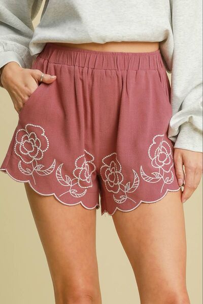 Umgee Full-Size Linen Blend Shorts with floral embroidered details in plus size from 6i6.com, perfect for casual summer wear.