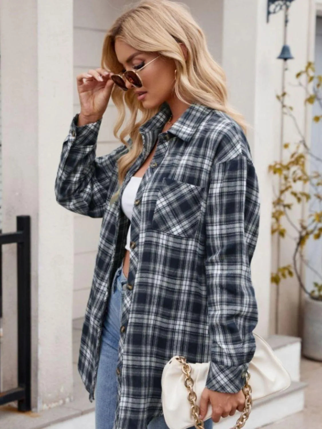 Pocketed Plaid Collared Neck Long Sleeve Shirt - 6i6