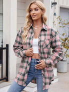 Pocketed Plaid Collared Neck Long Sleeve Shirt - 6i6