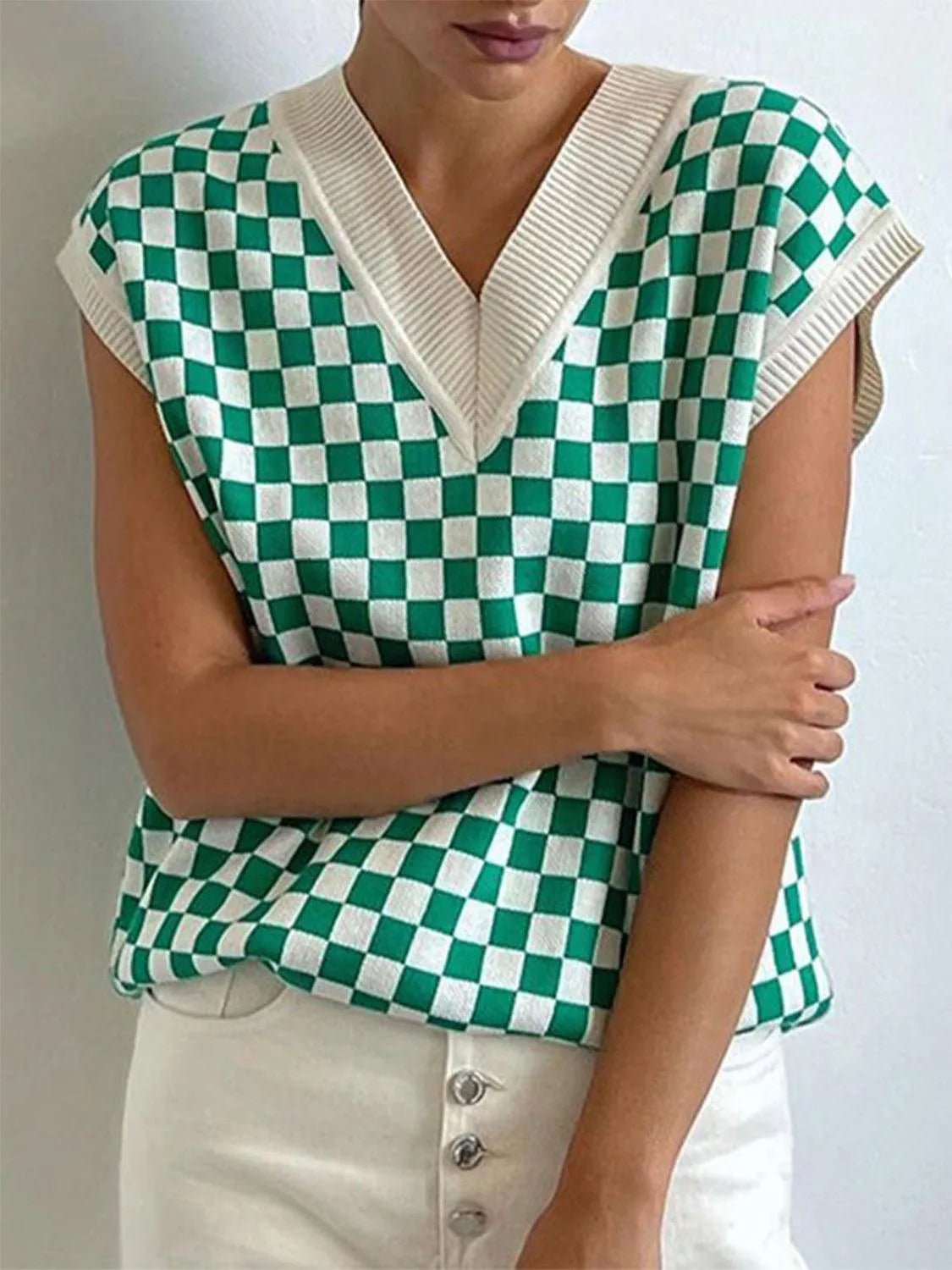 Full Size Checkered V-Neck Cap Sleeve Sweater - 6i6