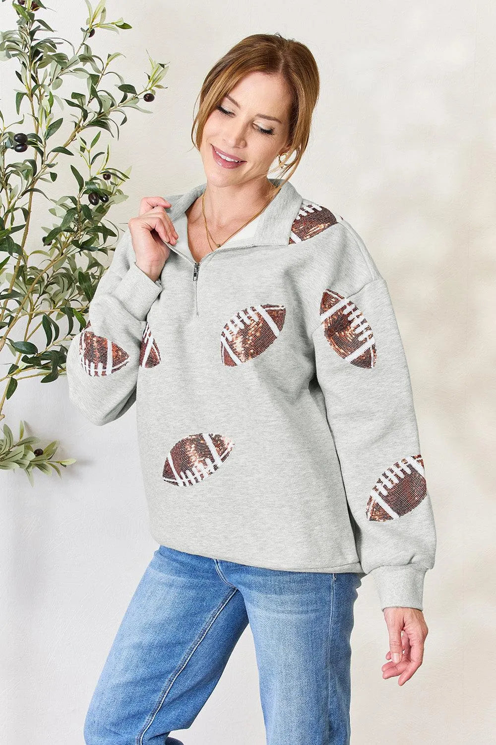 Full Size Sequin Football Half Zip Long Sleeve Sweatshirt - 6i6