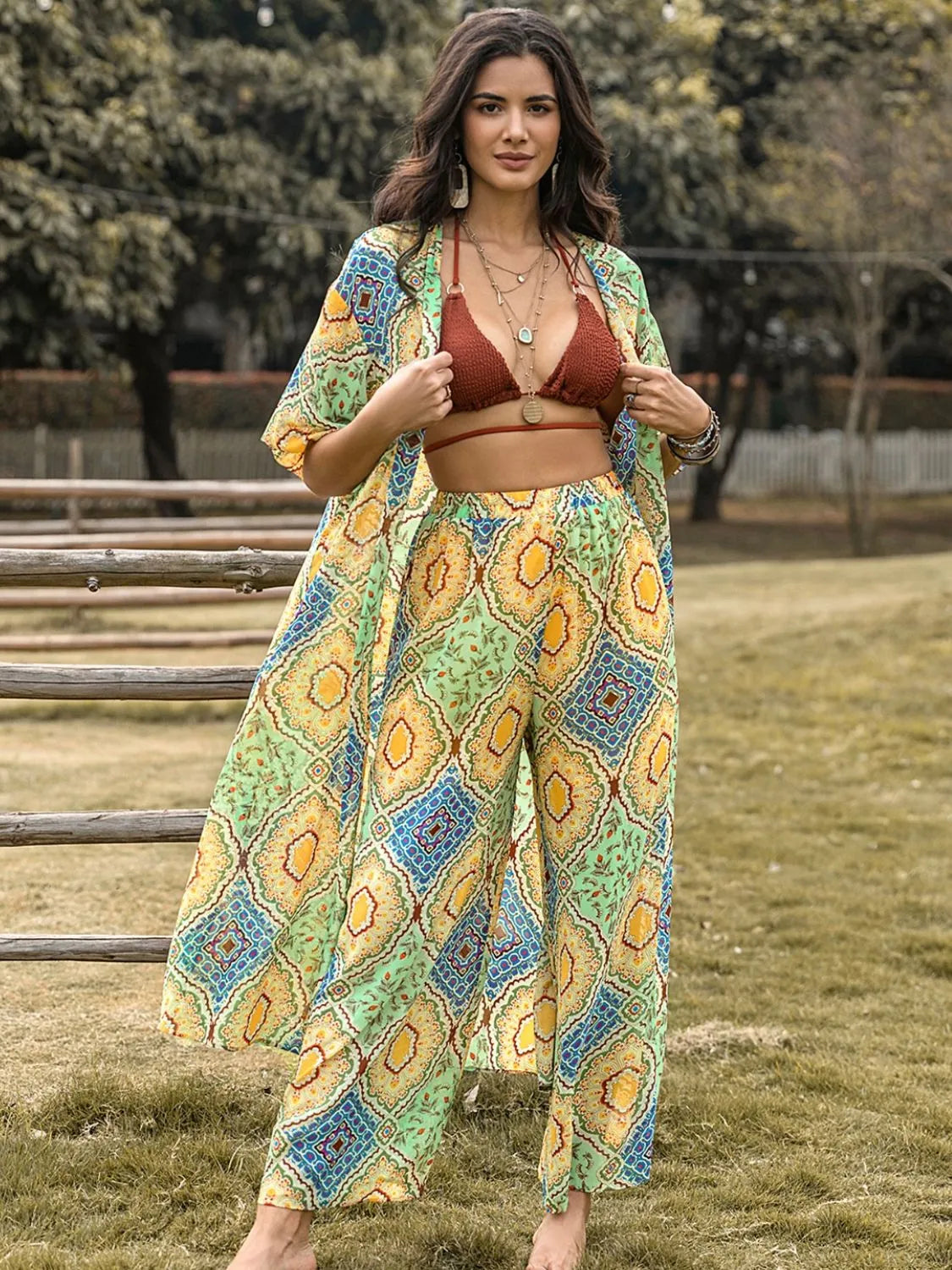 Printed Half Sleeve Top and Wide Leg Pants Set - 6i6