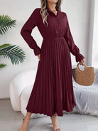 Pleated Half Button Long Sleeve Midi Dress - 6i6