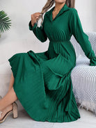 Pleated Half Button Long Sleeve Midi Dress - 6i6