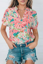 Floral Notched Neck Short Sleeve Top - 6i6