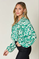 Double Take Full Size Printed Ruffle Trim Balloon Sleeve Shirt - 6i6