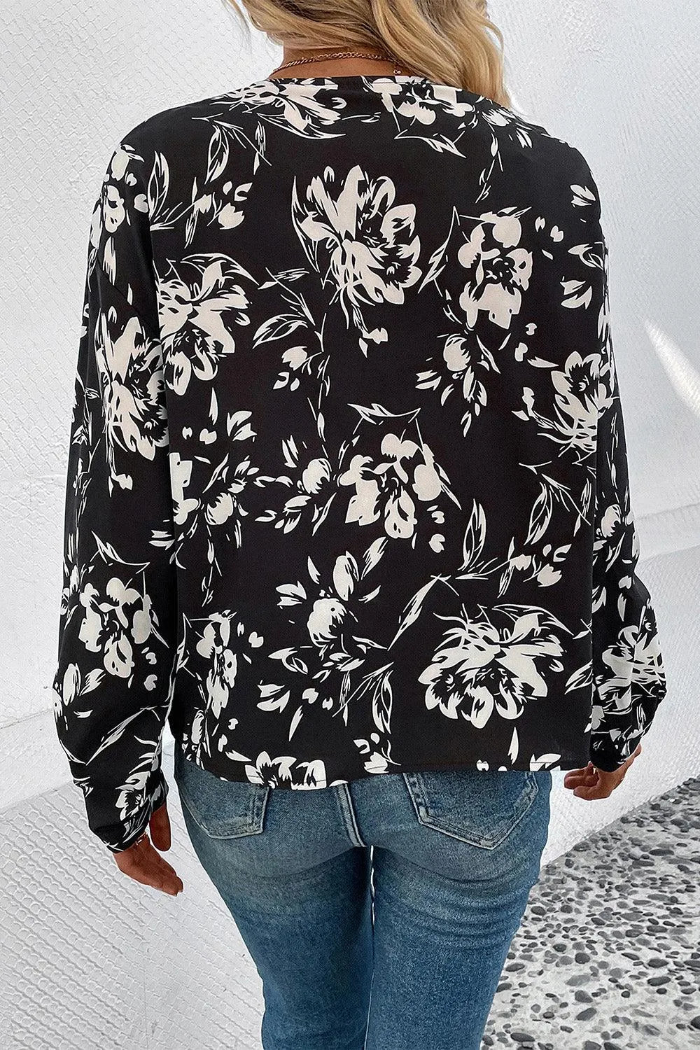 Floral Collared Neck Long Sleeve Top - 6i6