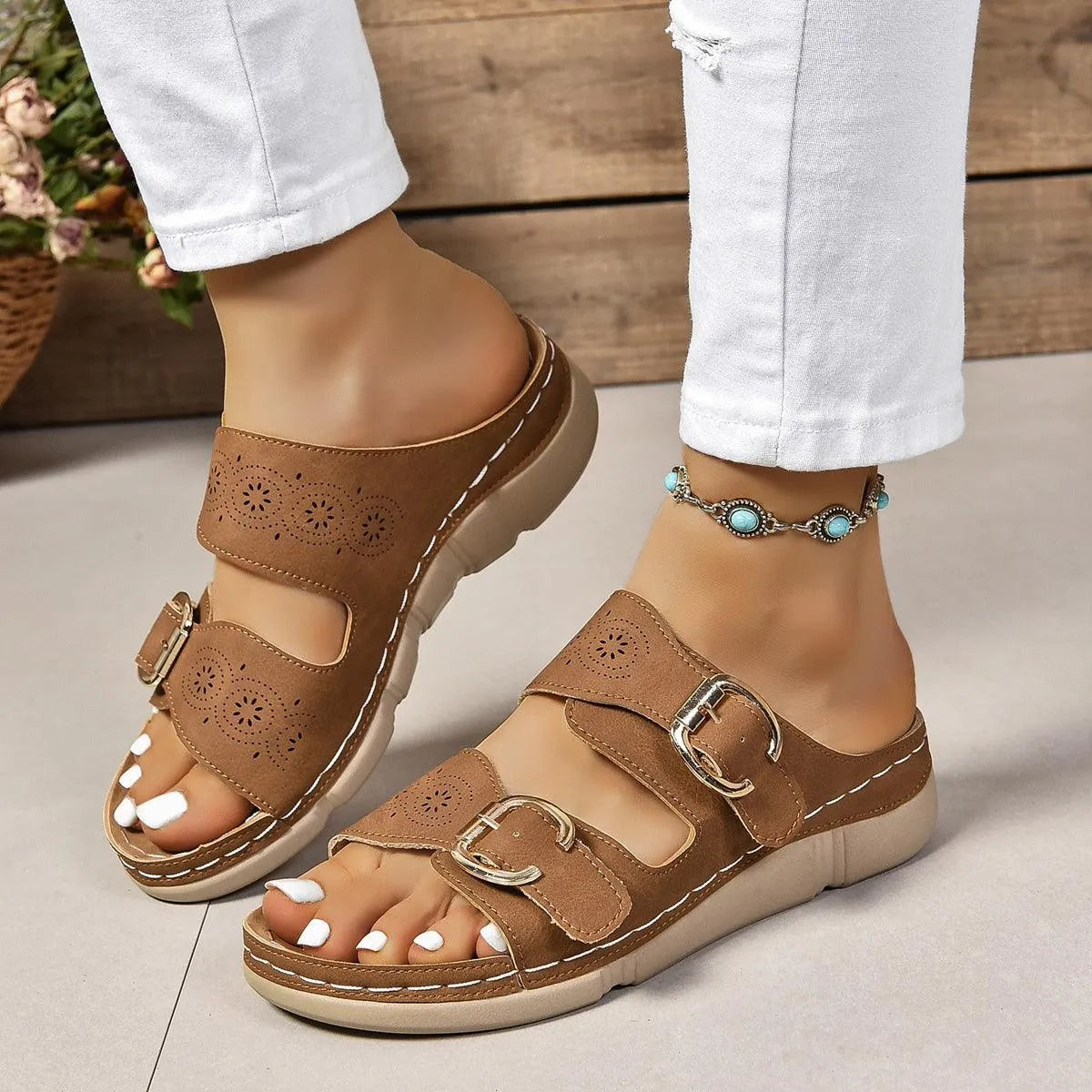 PU Leather Open Toe Buckle Sandals - 6i6