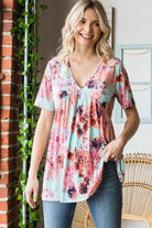 Heimish Full Size Floral V-Neck Short Sleeve Babydoll Blouse - 6i6