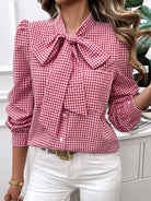 Pocketed Plaid Tie Neck Long Sleeve Shirt - 6i6