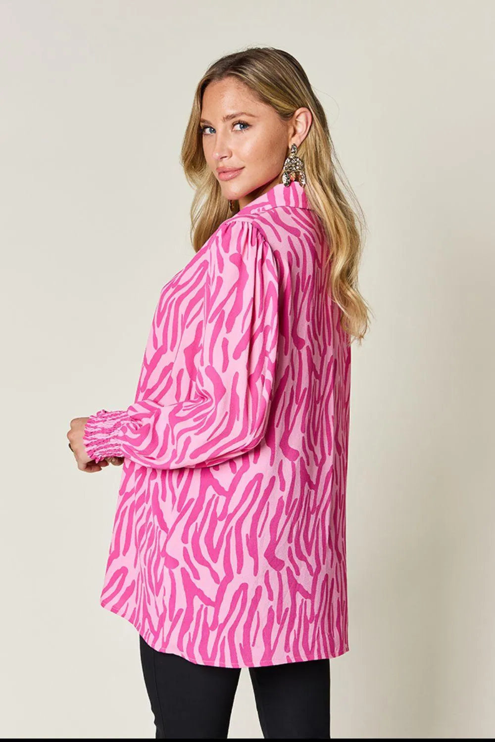 Double Take Full Size Printed Smocked Long Sleeve Blouse - 6i6