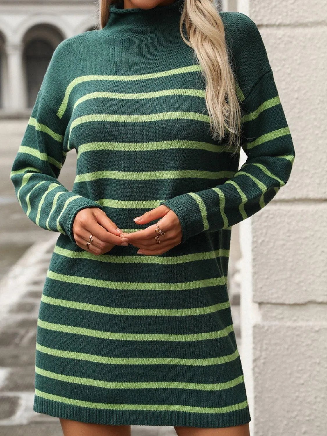 Striped Mock Neck Long Sleeve Mini Dress - 6i6