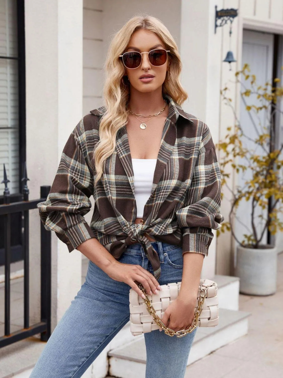 Pocketed Plaid Collared Neck Long Sleeve Shirt - 6i6