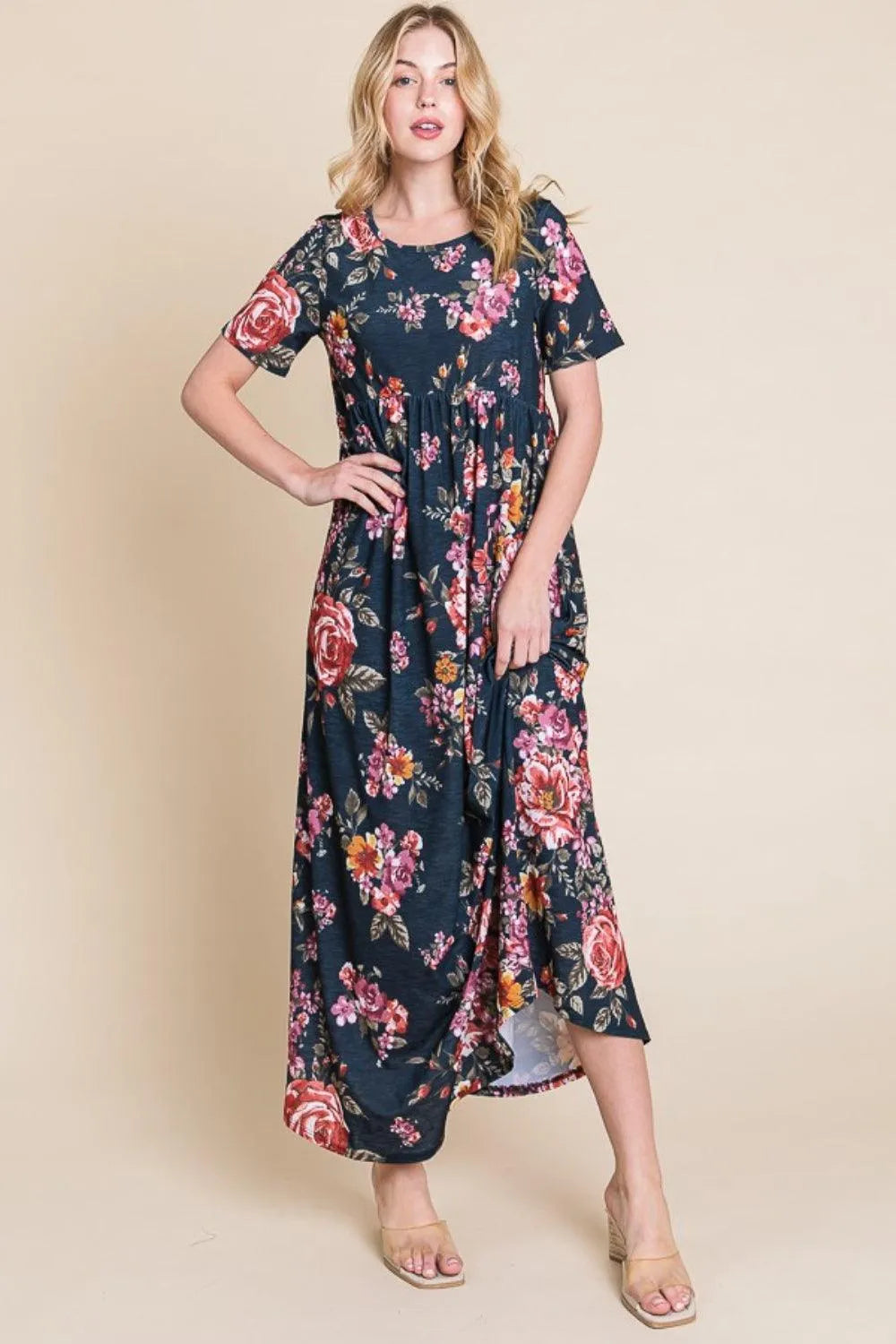 BOMBOM Floral Short Sleeve Maxi Dress - 6i6