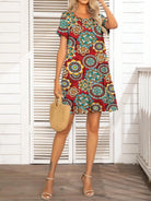 Pocketed Printed Round Neck Short Sleeve Mini Dress - 6i6