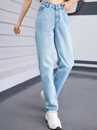 Straight leg jeans with side pockets, tailored fit, comfortable denim material, perfect for casual wear.