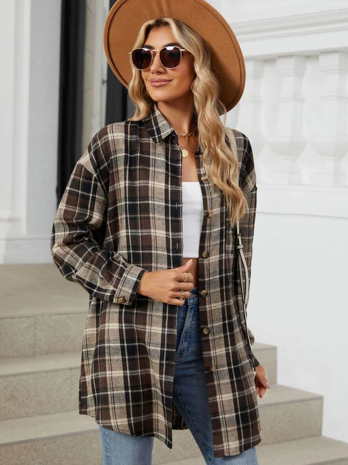 Plaid Collared Neck Long Sleeve Shirt - 6i6