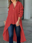 Full Size High-Low Collared Neck Long Sleeve Shirt - 6i6