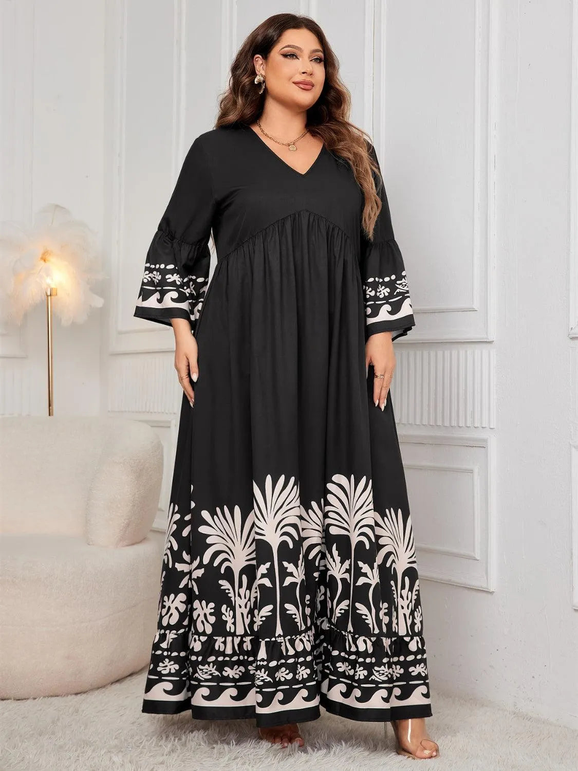 Plus Size Printed V-Neck Long Sleeve Maxi Dress - 6i6