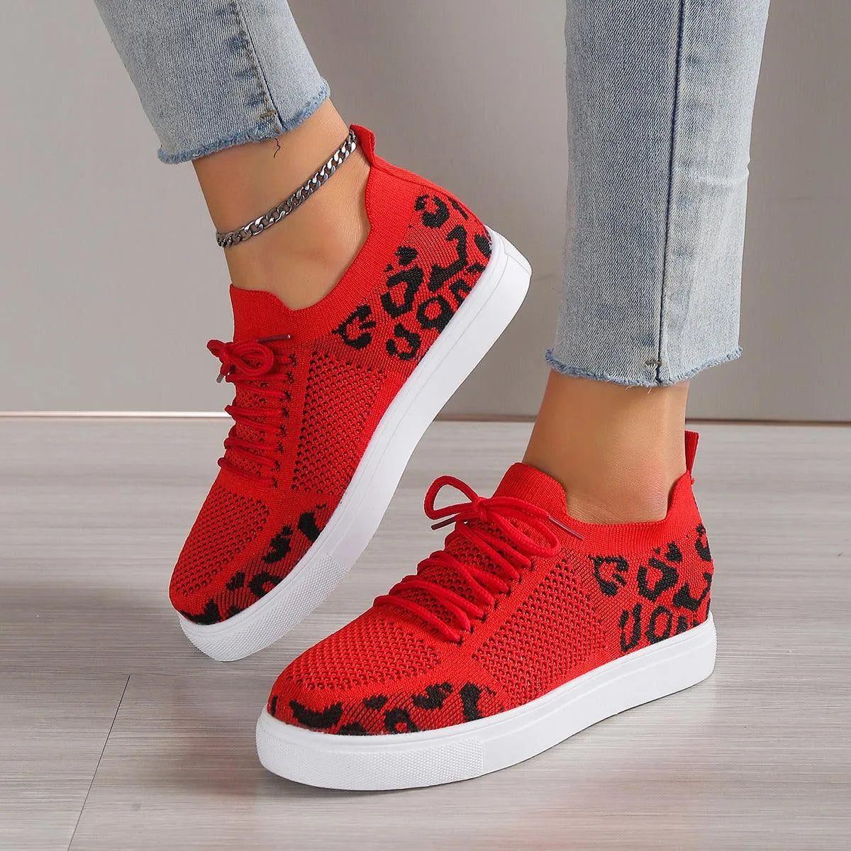 Lace-Up Leopard Flat Sneakers - 6i6