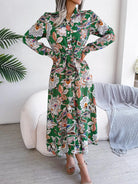 Tied Printed Long Sleeve Midi Dress - 6i6