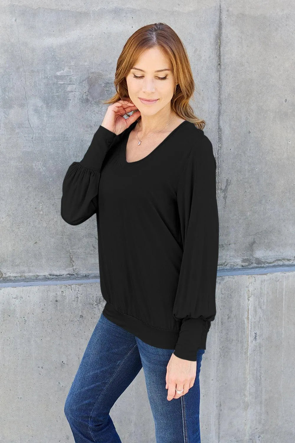 Basic Bae Full Size V-Neck Lantern Sleeve Top - 6i6