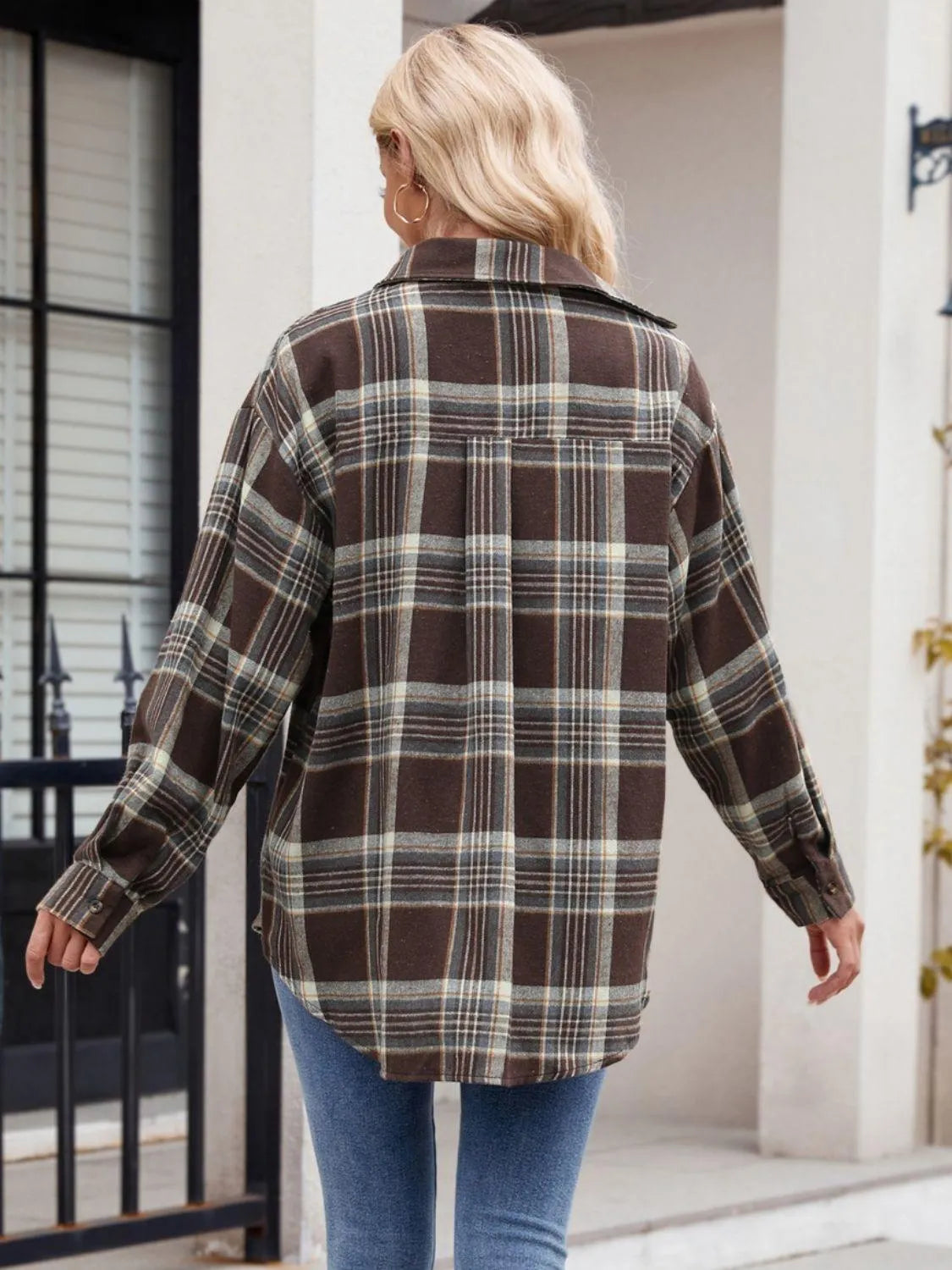 Pocketed Plaid Collared Neck Long Sleeve Shirt - 6i6