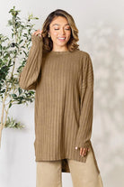 Basic Bae Full Size Ribbed Round Neck Long Sleeve Slit Top - 6i6