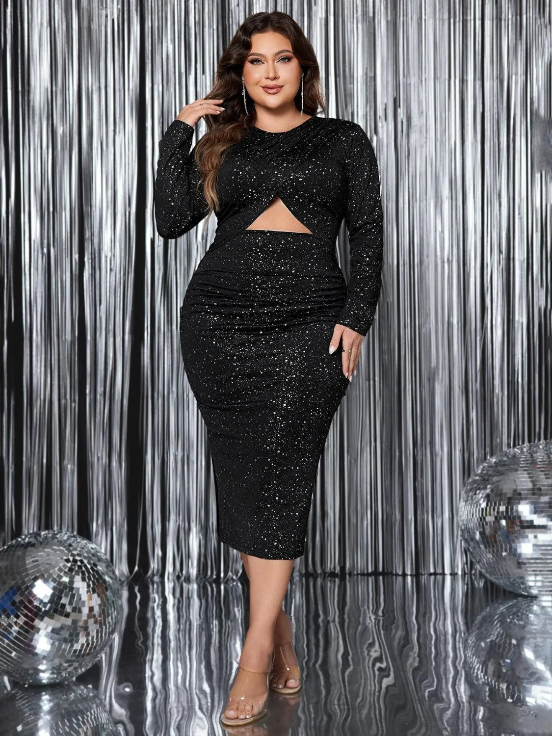 Plus Size Cutout Slit Round Neck Long Sleeve Dress - 6i6