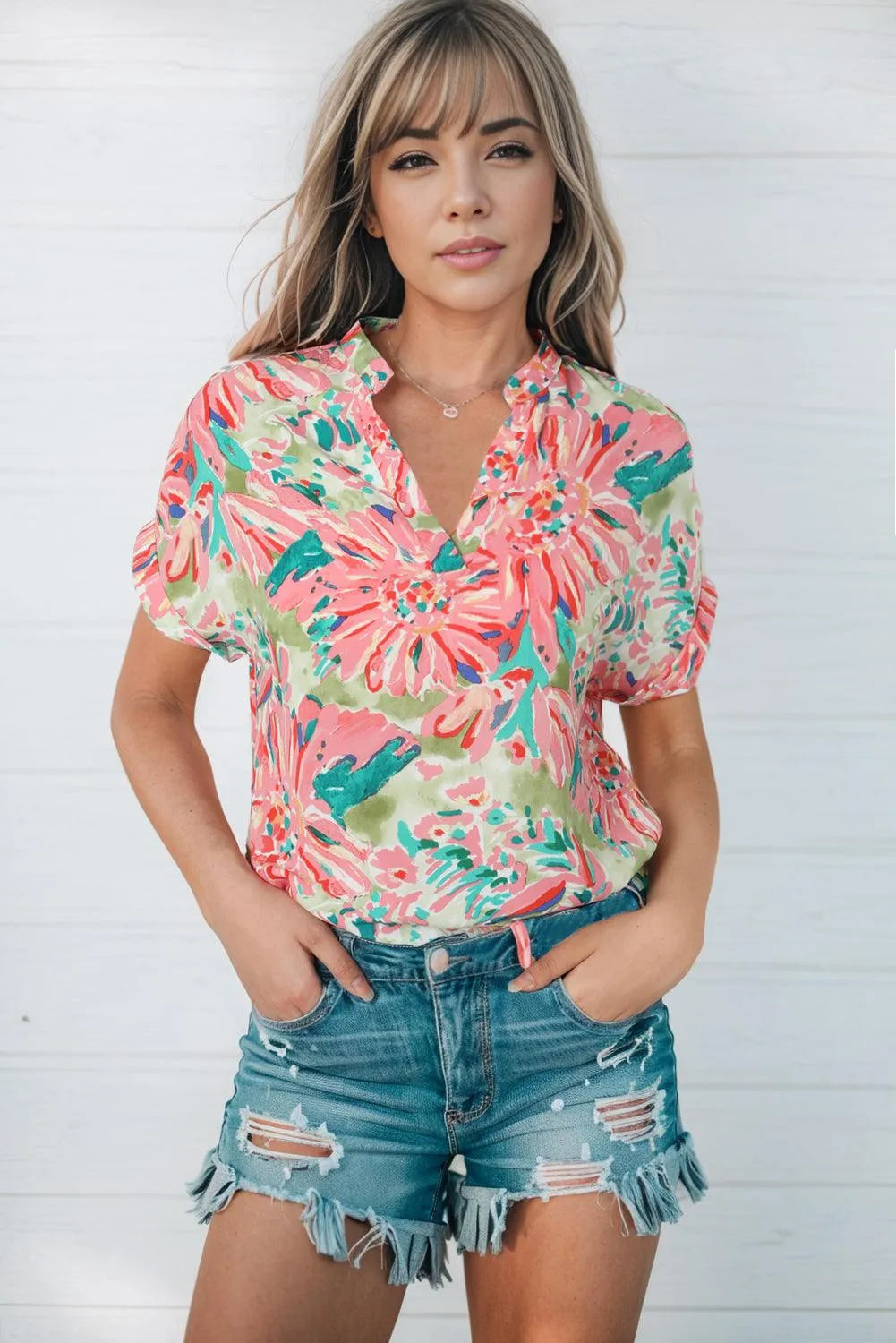 Floral Notched Neck Short Sleeve Top - 6i6