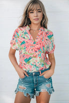 Floral Notched Neck Short Sleeve Top - 6i6