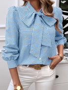 Pocketed Plaid Tie Neck Long Sleeve Shirt - 6i6