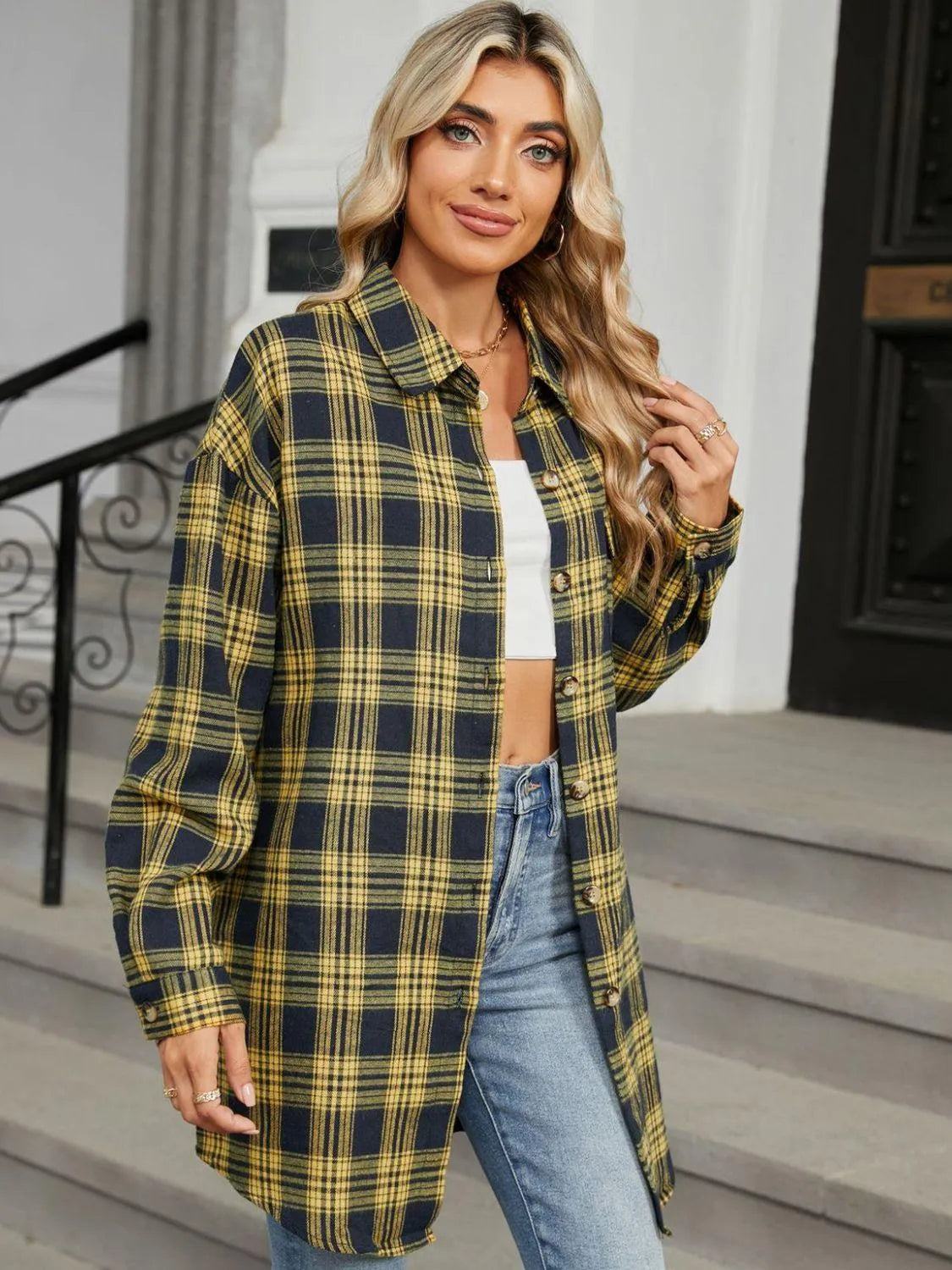 Plaid Collared Neck Long Sleeve Shirt - 6i6