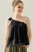 Ninexis One Shoulder Bow Tie Strap Satin Silk Top - 6i6