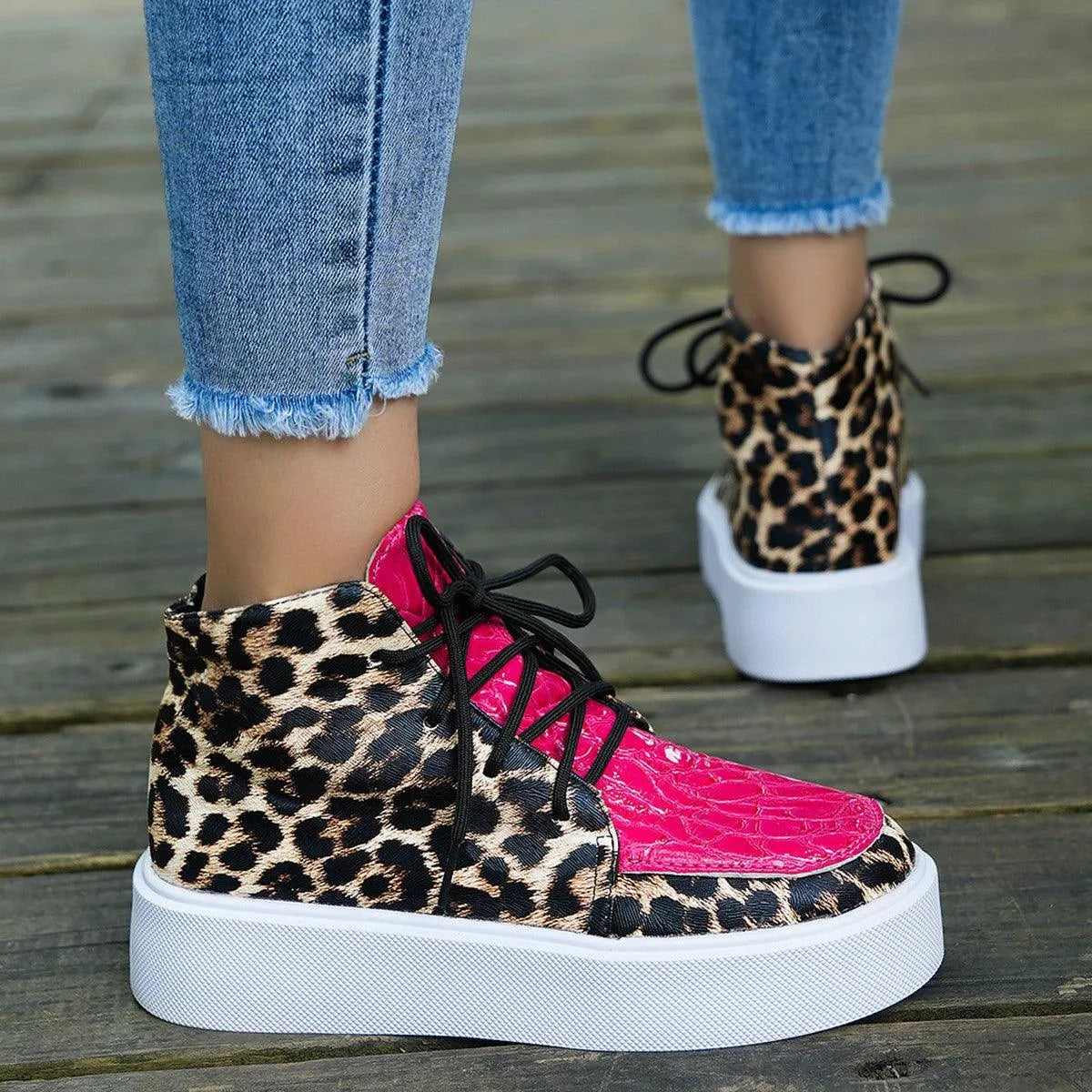 PU Leather Leopard Platform Sneakers - 6i6