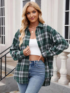 Pocketed Plaid Collared Neck Long Sleeve Shirt - 6i6