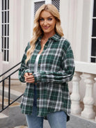 Pocketed Plaid Collared Neck Long Sleeve Shirt - 6i6