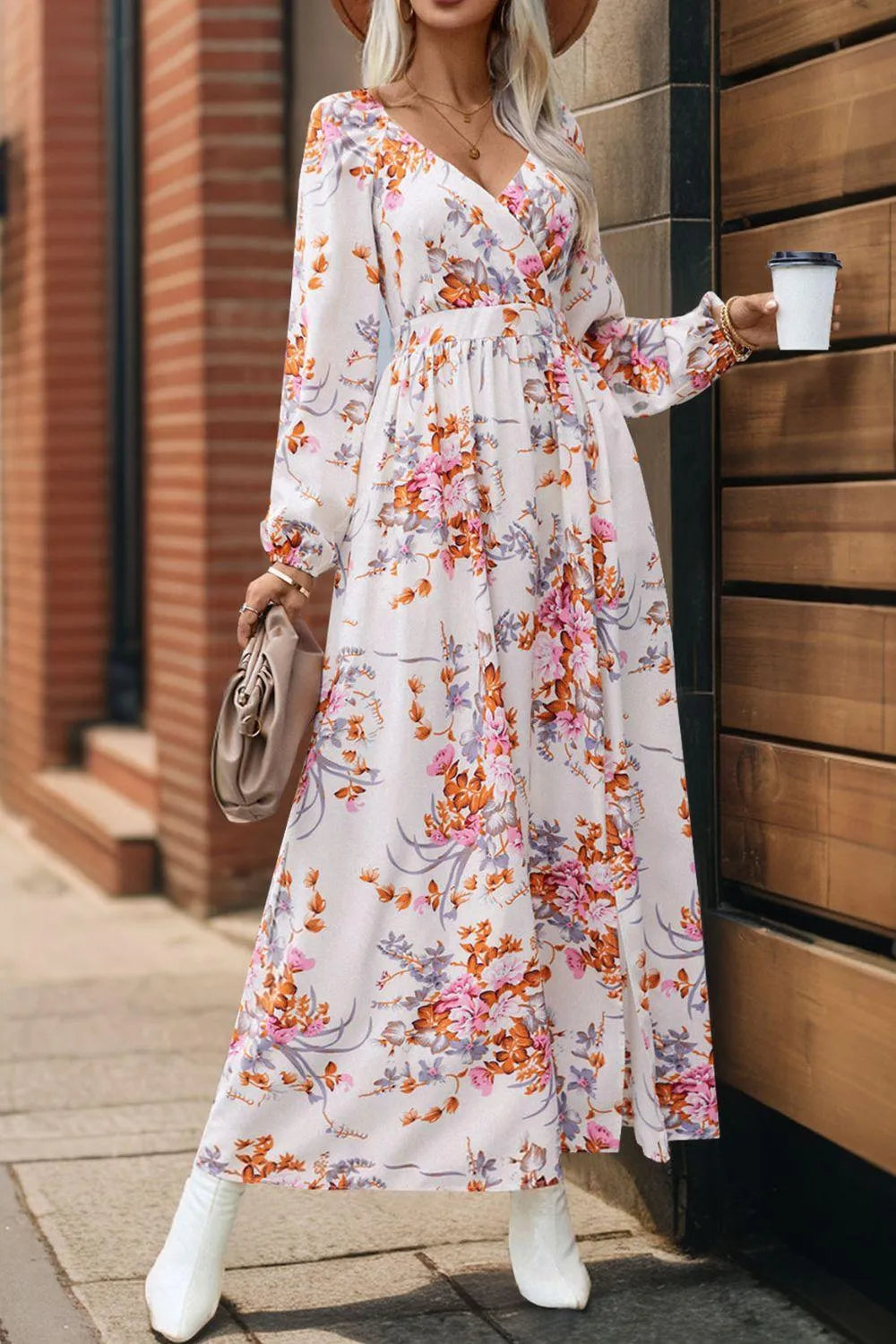 Slit Printed Surplice Long Sleeve Maxi Dress - 6i6