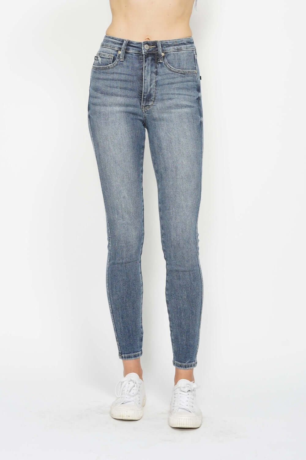 Judy Blue full-size tummy control contrast wash skinny jeans with a sleek fit and stylish detailing, available at 6i6.com